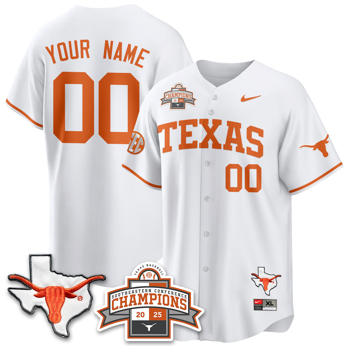 Custom Texas Baseball 2025 Southeastern Conference Champions Jersey - All Stitched
