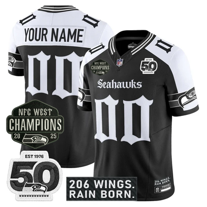 Custom SEA 2026 NFC West Champions 'Gothic Rain City Shadows Edition' Jersey - 50th Anniversary Patch - All Stitched-DTD