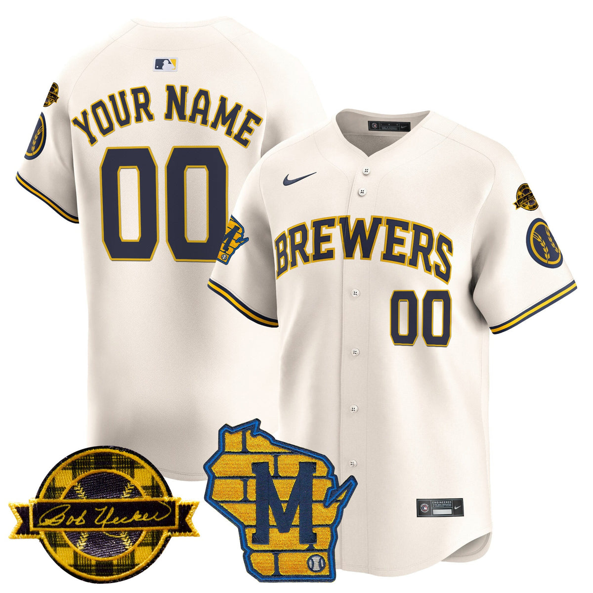 Milwaukee Brewers Home & Bob Uecker Patch Vapor Premier Limited Custom Jersey - All Stitched