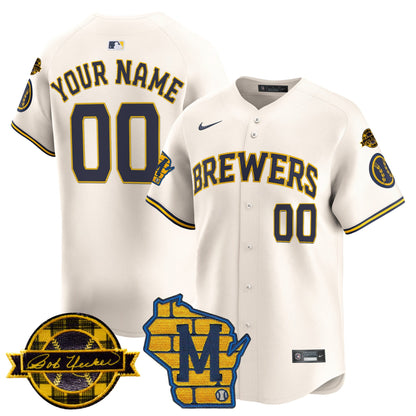 Milwaukee Brewers Home & Bob Uecker Patch Vapor Premier Limited Custom Jersey - All Stitched