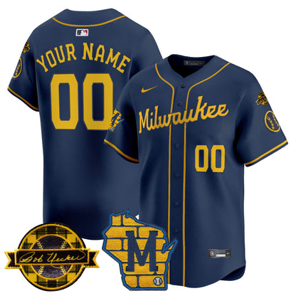 Milwaukee Brewers Home & Bob Uecker Patch Vapor Premier Limited Custom Jersey - All Stitched