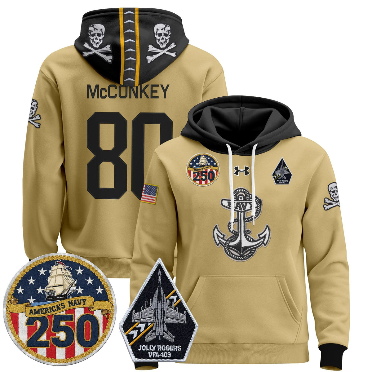 Men's Navy Midshipmen 'Jolly Rogers Edition' Pullover Hoodie - 250th Anniversary Patch - Stitched