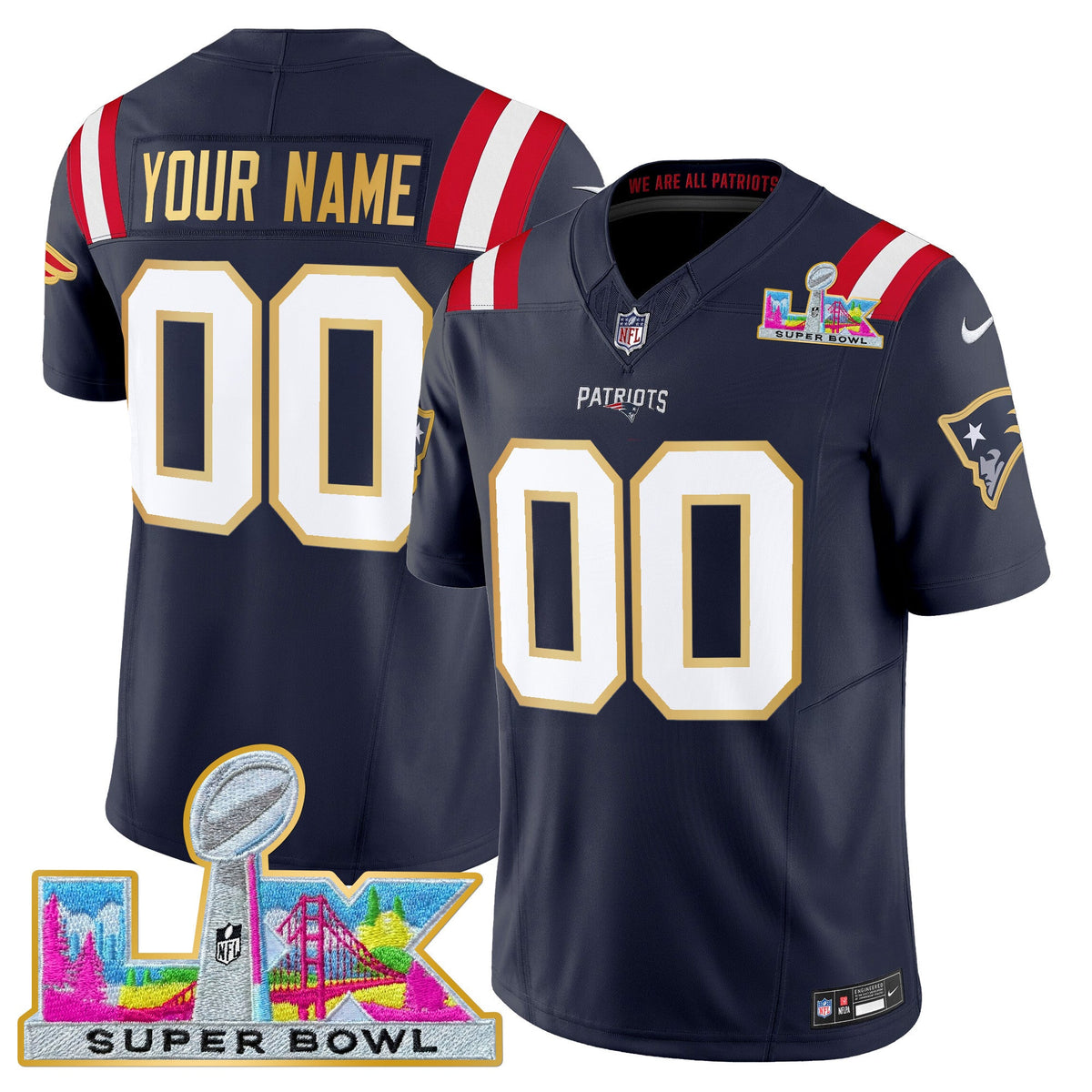 New England Patriots Super Bowl LX Gold Trim Vapor Limited Custom Jersey - All Stitched
