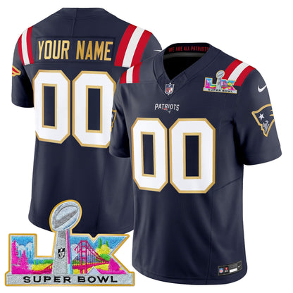 New England Patriots Super Bowl LX Gold Trim Vapor Limited Custom Jersey - All Stitched