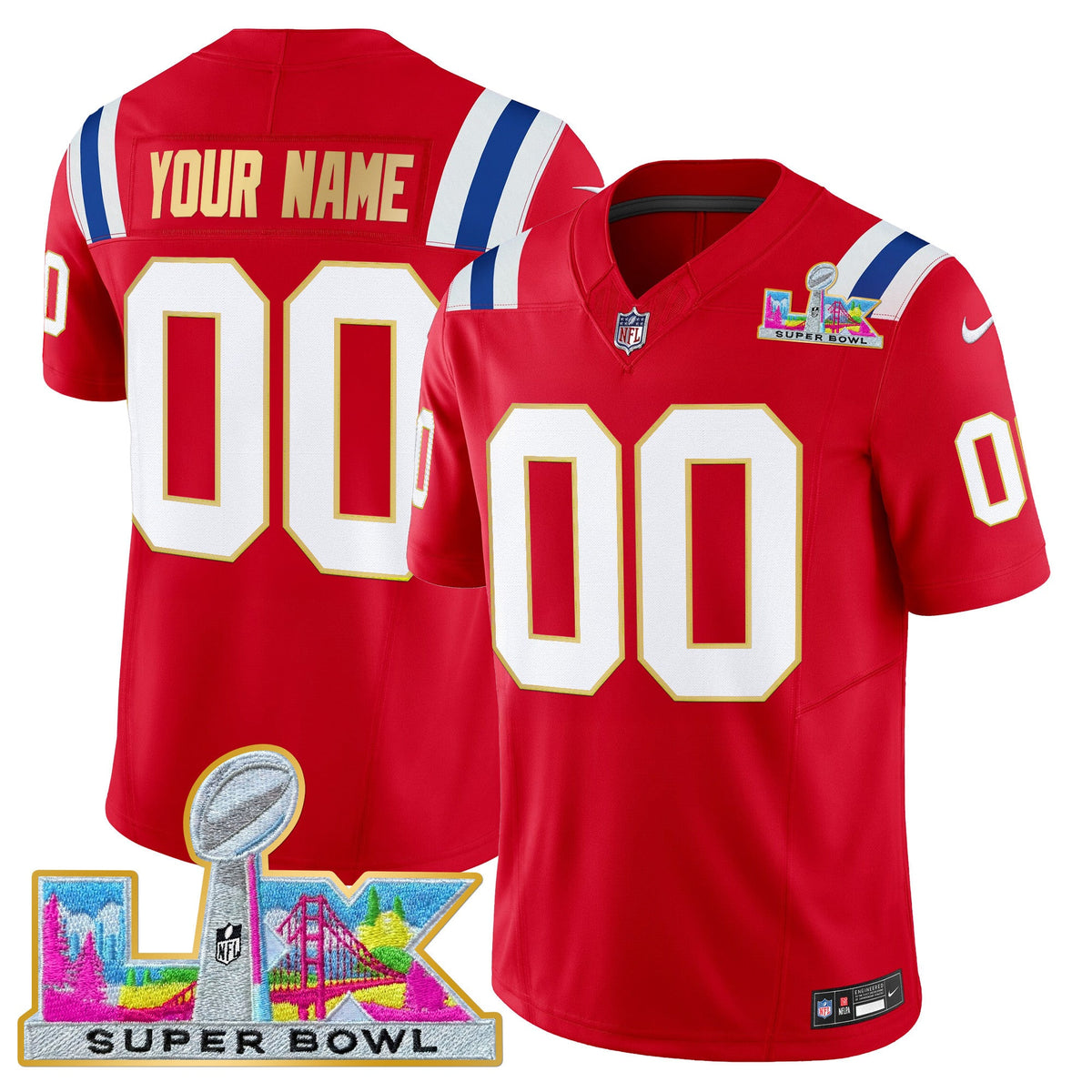 New England Patriots Super Bowl LX Gold Trim Vapor Limited Custom Jersey - All Stitched