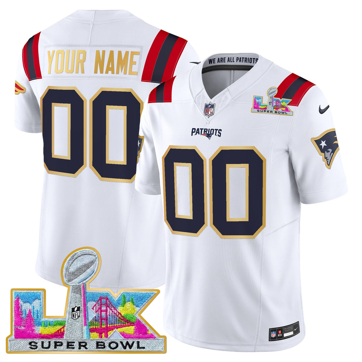 New England Patriots Super Bowl LX Gold Trim Vapor Limited Custom Jersey - All Stitched