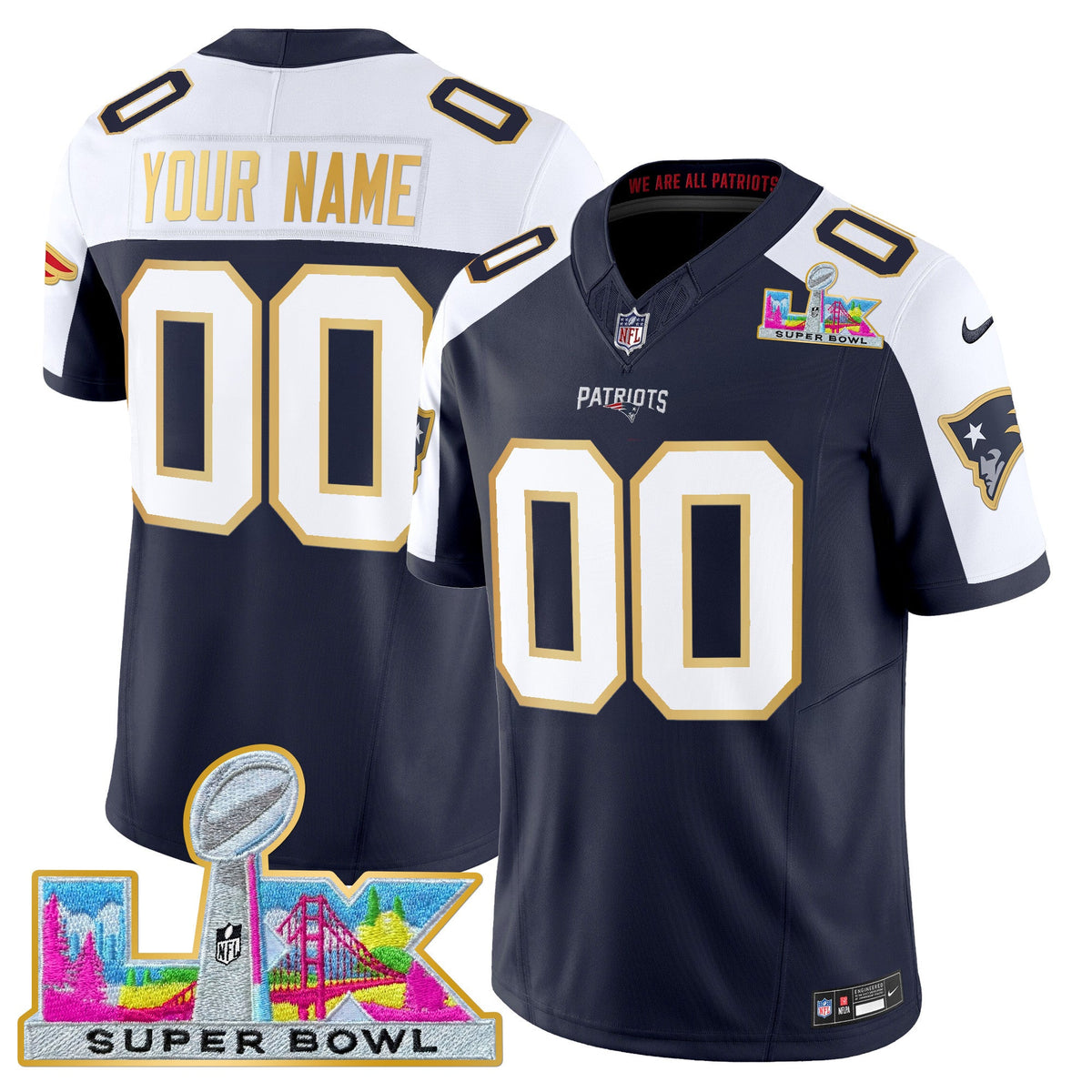 New England Patriots Super Bowl LX Gold Trim Vapor Limited Custom Jersey - All Stitched