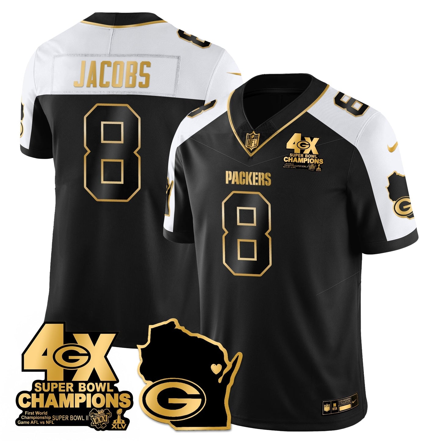 GB 4-Time Champions Patch Vapor Limited Gold Jersey - All Stitched-DTD