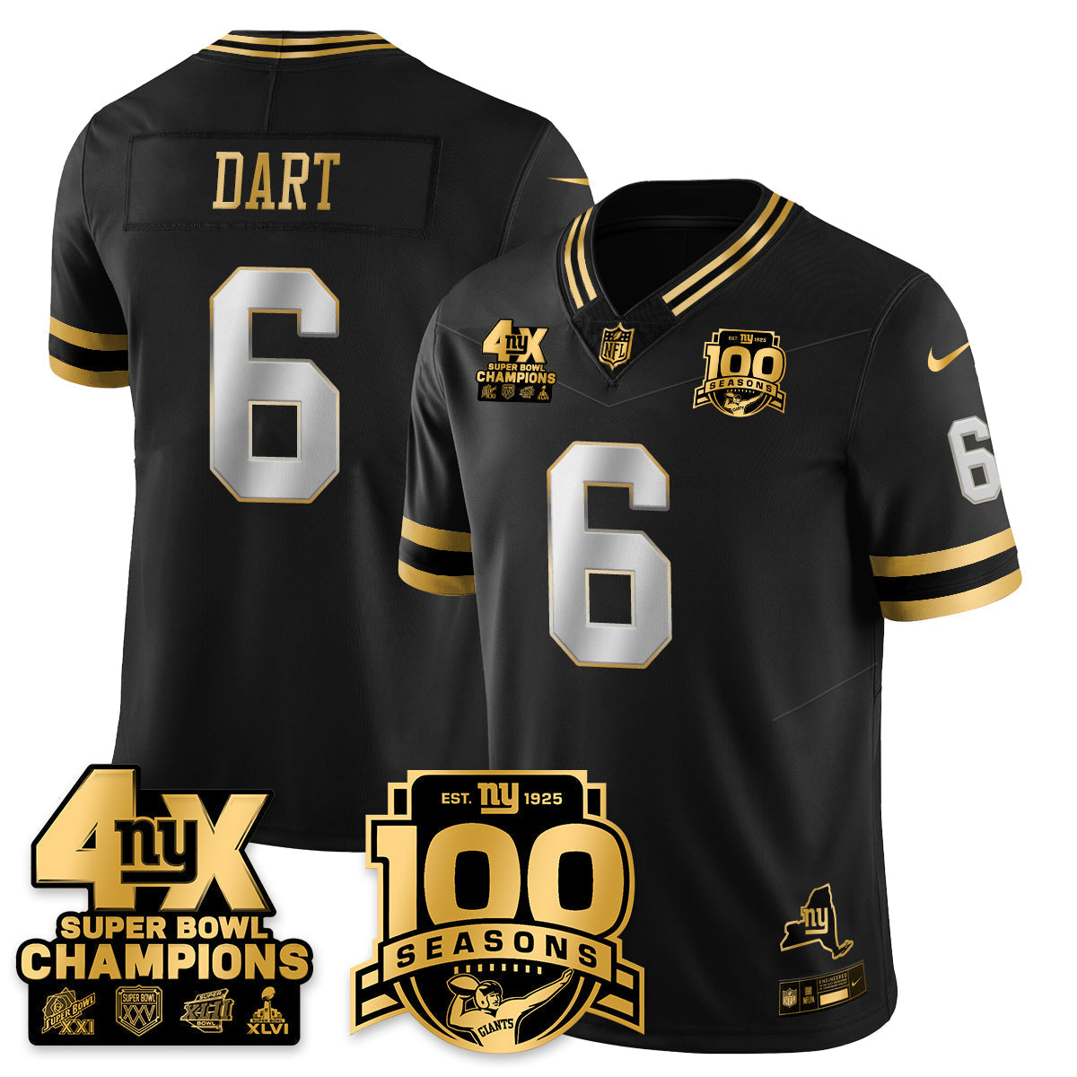 NYG 4-Time Champions Limited Gold Jersey- 100th Season - All Stitched-DTD