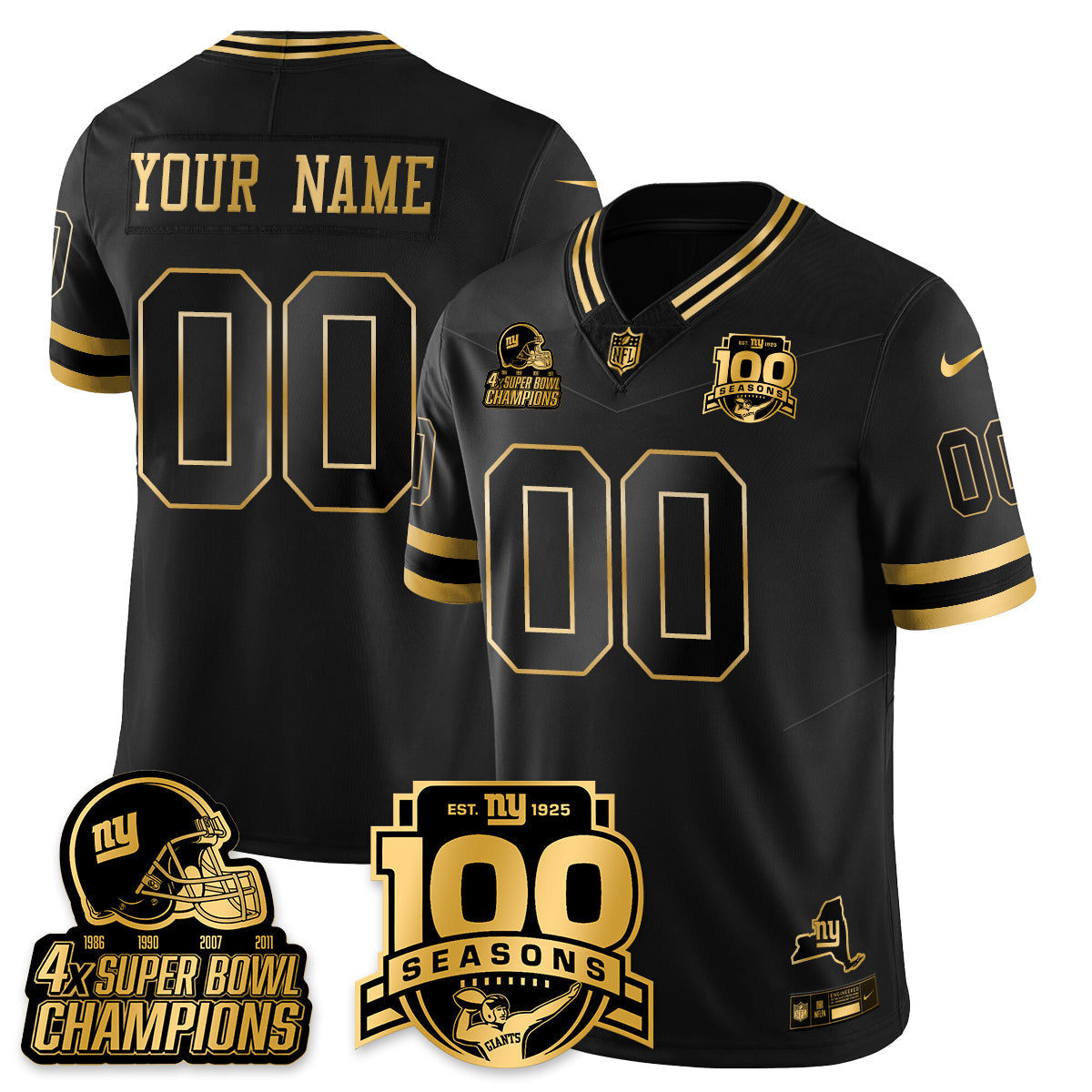 Custom NYG 4-Time Champions Limited Gold Jersey V2- 100th Season - All Stitched-DTD