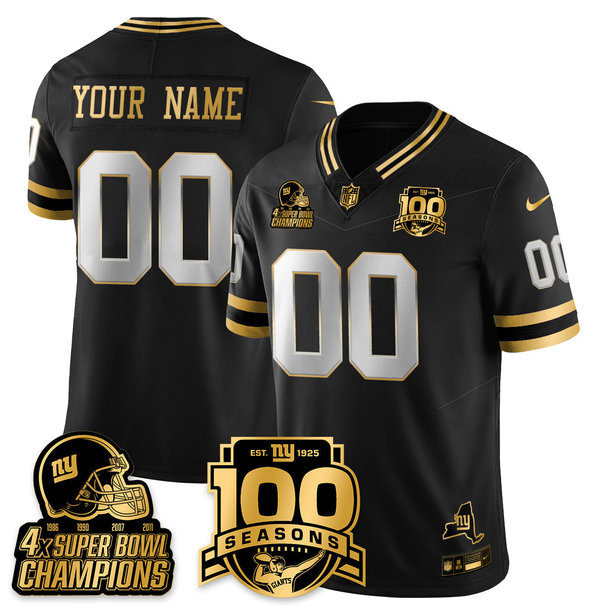 Custom NYG 4-Time Champions Limited Gold Jersey V2- 100th Season - All Stitched-DTD