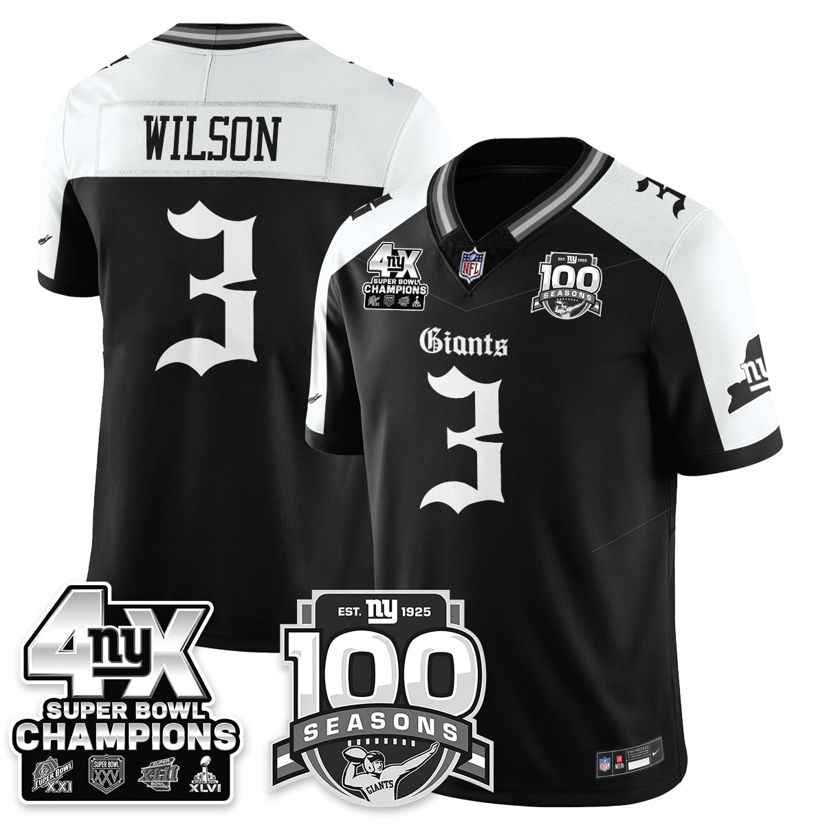 NYG 4-Time Champions Gothic Vapor Limited Jersey - 100th Seasons - All Stitched-DTD