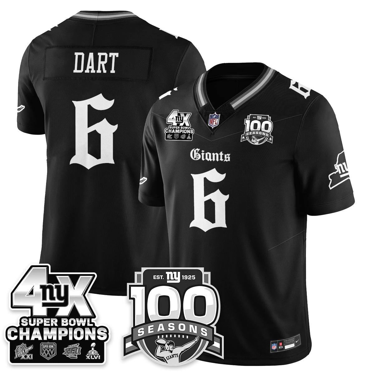NYG 4-Time Champions Gothic Vapor Limited Jersey - 100th Seasons - All Stitched-DTD