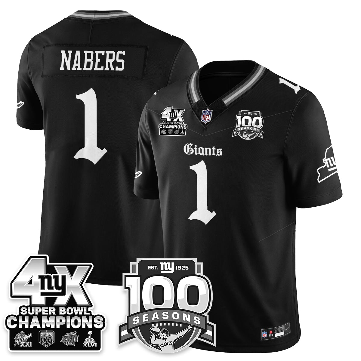 NYG 4-Time Champions Gothic Vapor Limited Jersey - 100th Seasons - All Stitched-DTD