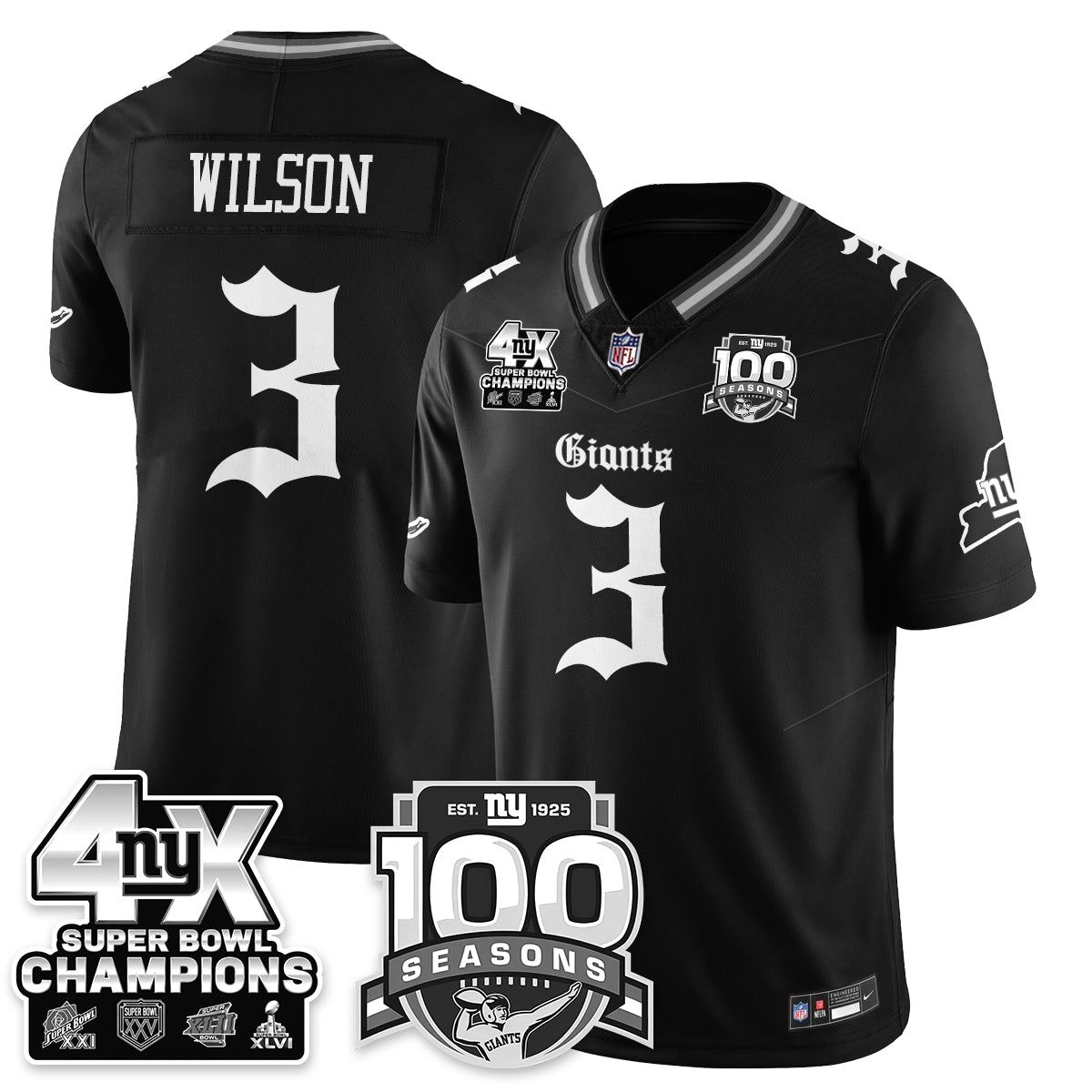 NYG 4-Time Champions Gothic Vapor Limited Jersey - 100th Seasons - All Stitched-DTD