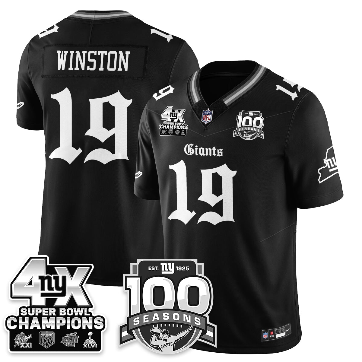 NYG 4-Time Champions Gothic Vapor Limited Jersey - 100th Seasons - All Stitched-DTD