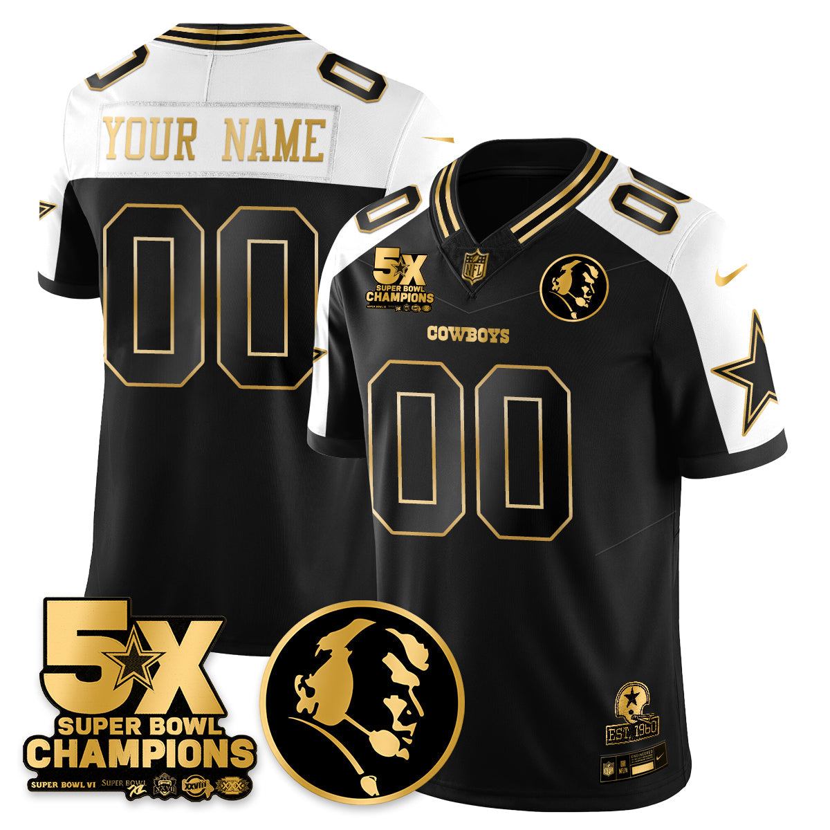 Custom DAL 5-Time Champions Vapor Limited Gold Jersey - John Madden Patch - All Stitched-DTD