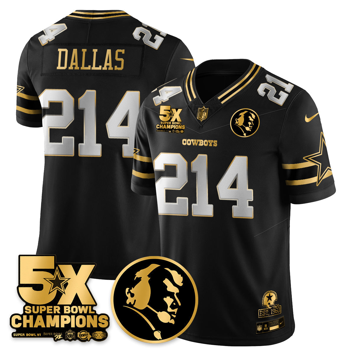 DAL 5-Time Champions Vapor Limited Gold Jersey - John Madden Patch - All Stitched-DTD