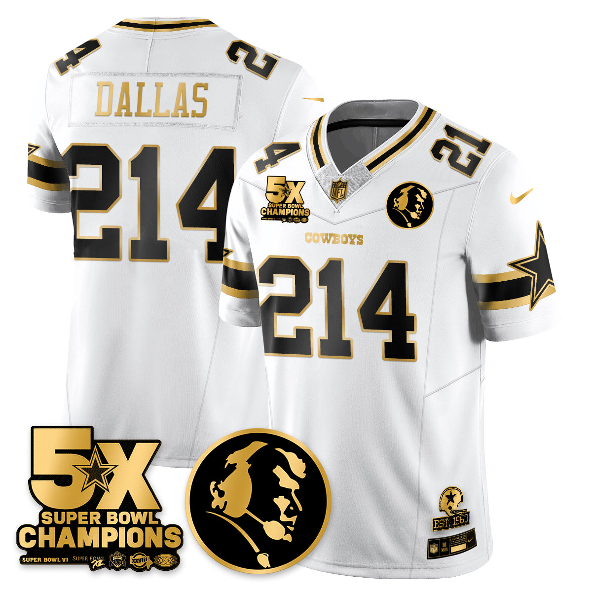 DAL 5-Time Champions Vapor Limited Gold Jersey - John Madden Patch - All Stitched-DTD