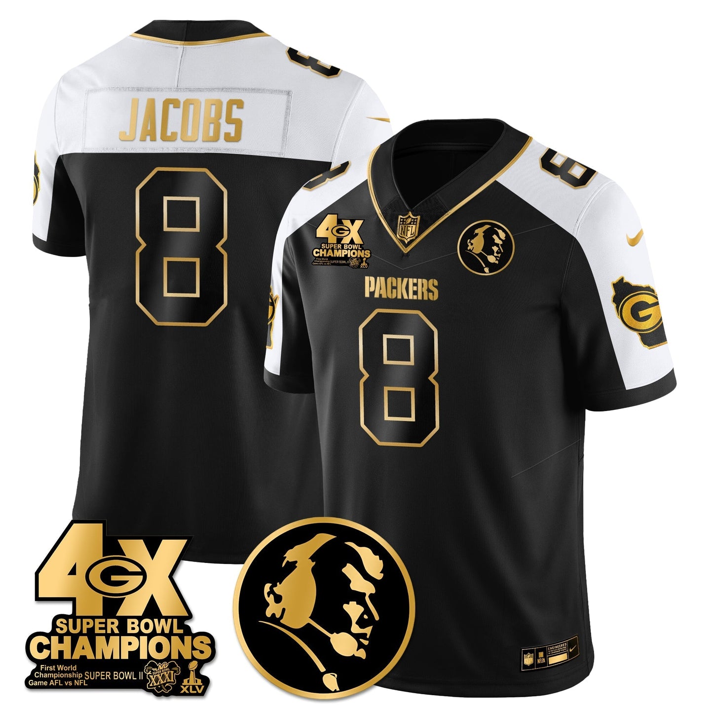 GB 4-Time Champions Vapor Limited Gold Jersey - John Madden Patch - All Stitched-DTD
