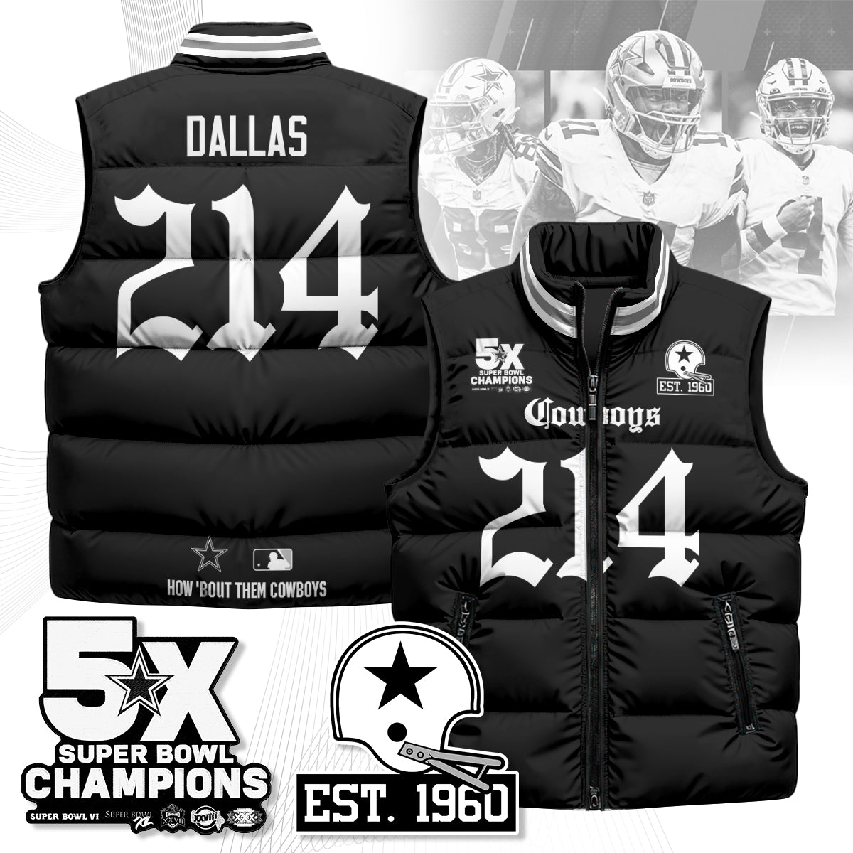 DAL Gothic 5-Time Champions Unisex Puffer Vest-DTD