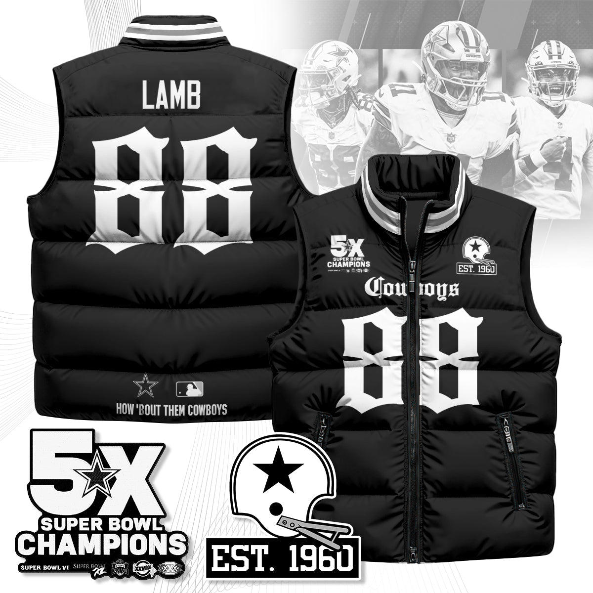 DAL Gothic 5-Time Champions Unisex Puffer Vest-DTD
