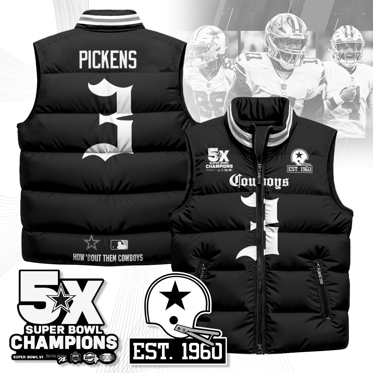 DAL Gothic 5-Time Champions Unisex Puffer Vest-DTD