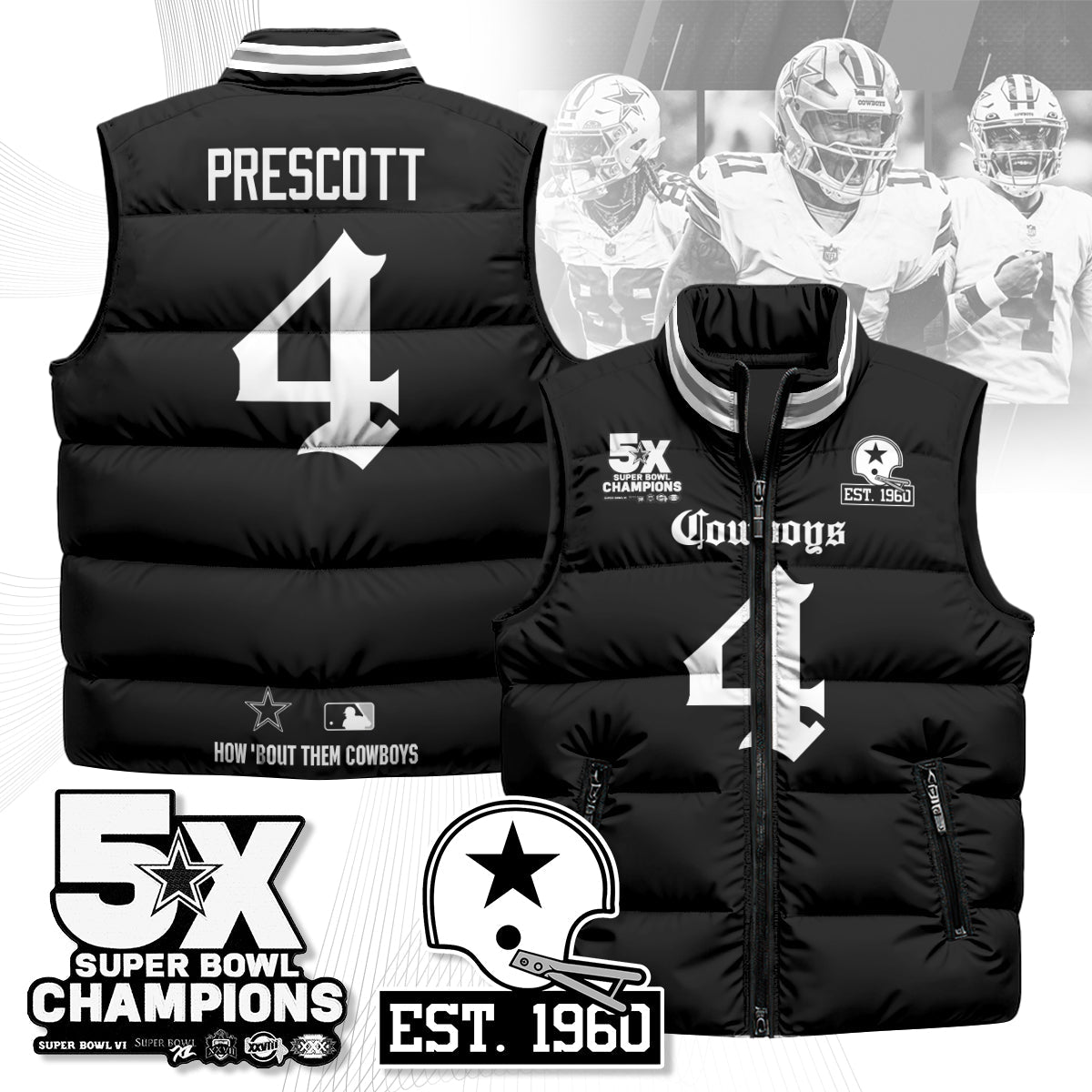 DAL Gothic 5-Time Champions Unisex Puffer Vest-DTD