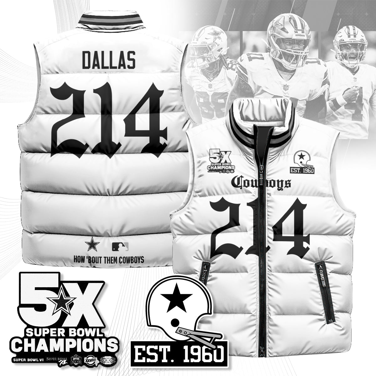 DAL Gothic 5-Time Champions Unisex Puffer Vest-DTD