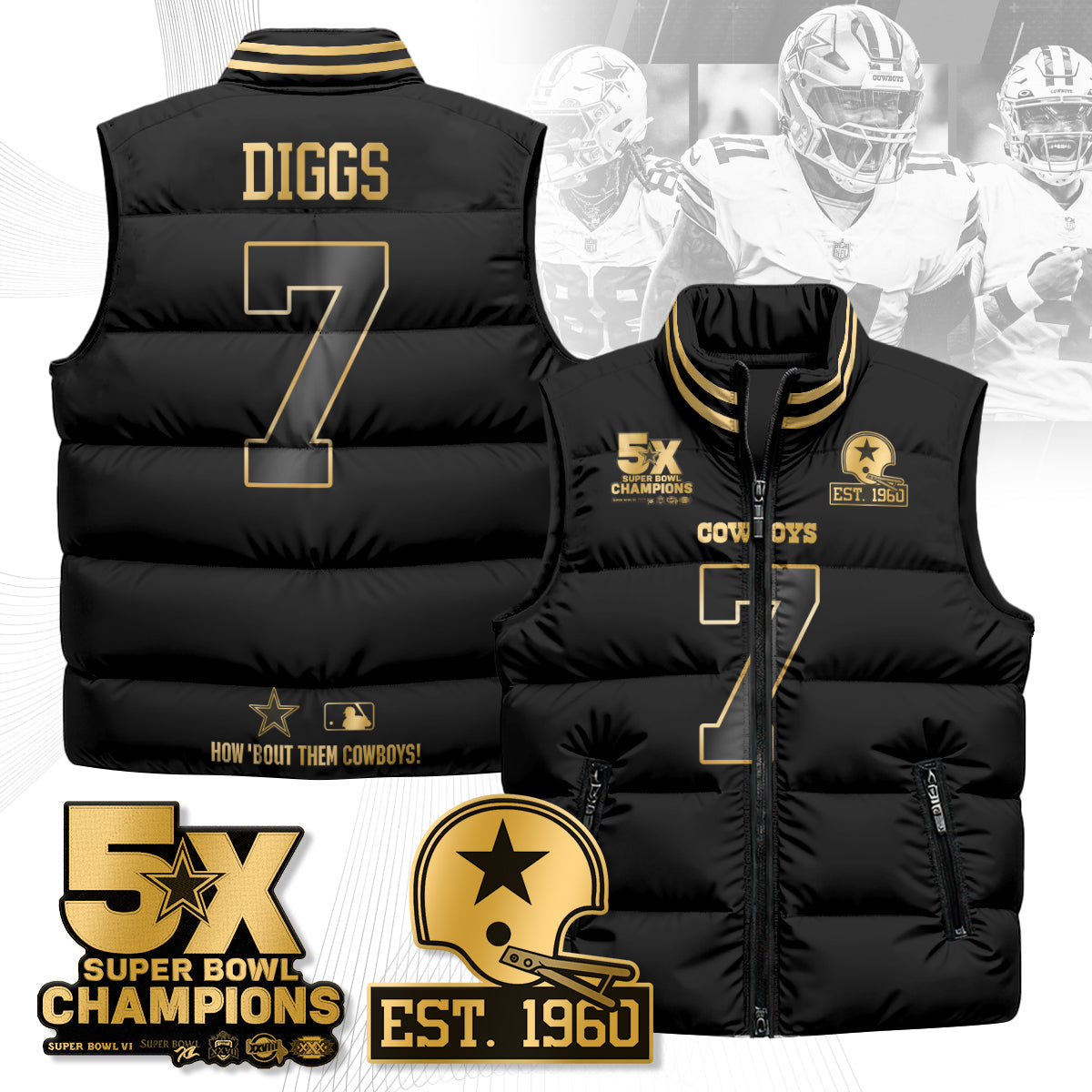 DAL 5-Time Champions Gold Unisex Puffer Vest-DTD