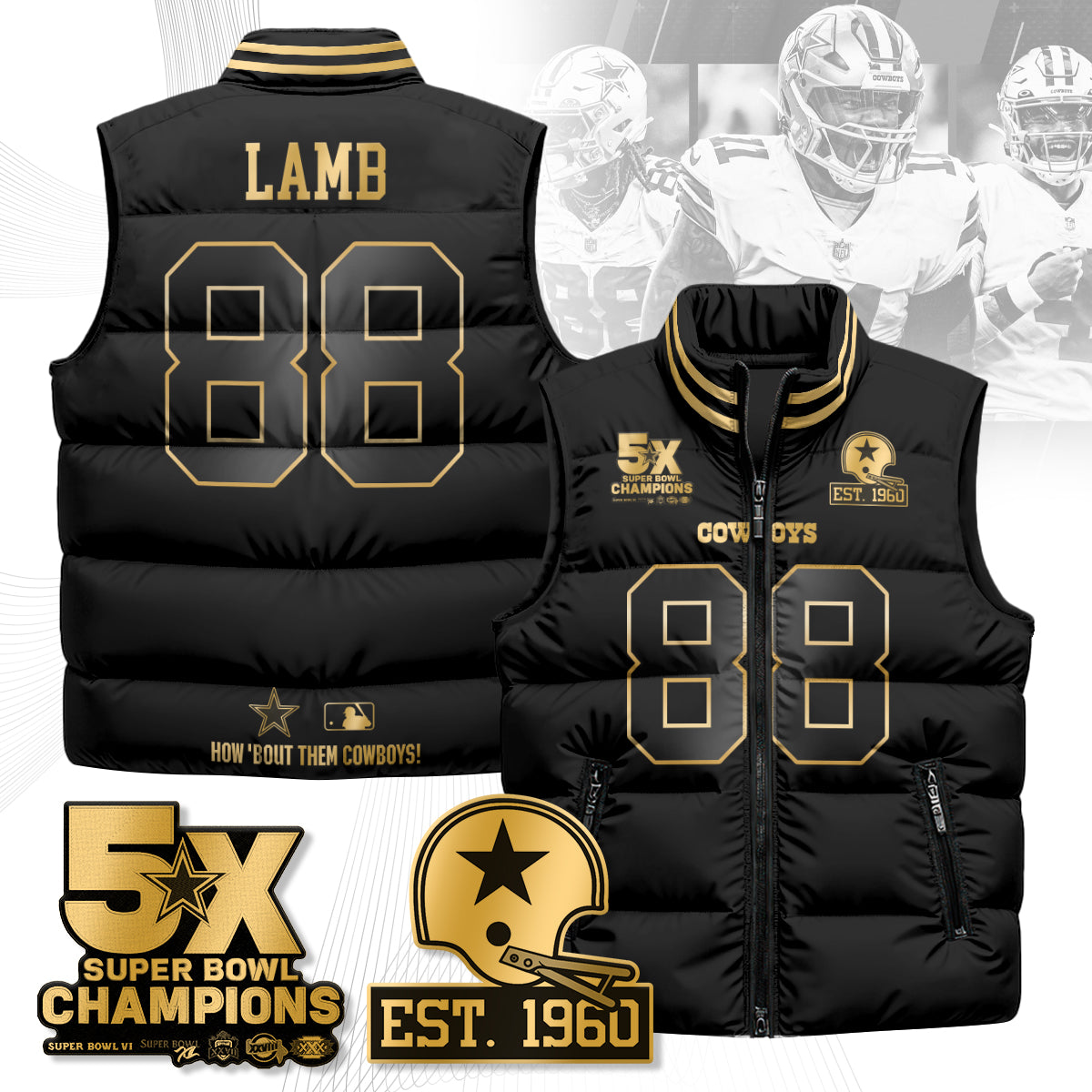 DAL 5-Time Champions Gold Unisex Puffer Vest-DTD