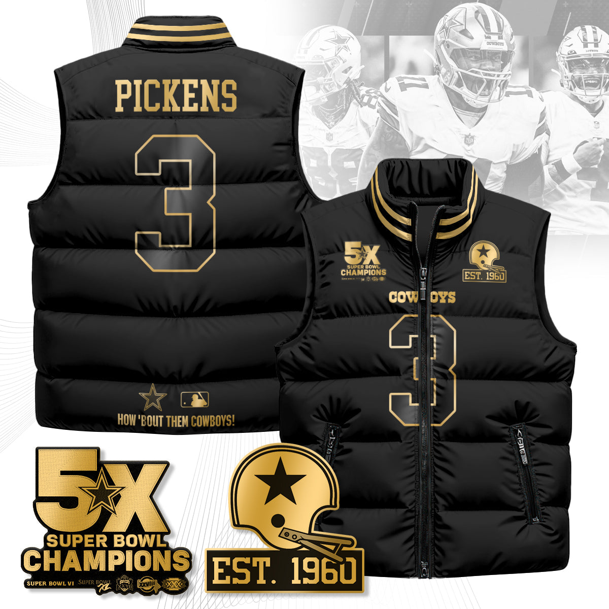 DAL 5-Time Champions Gold Unisex Puffer Vest-DTD