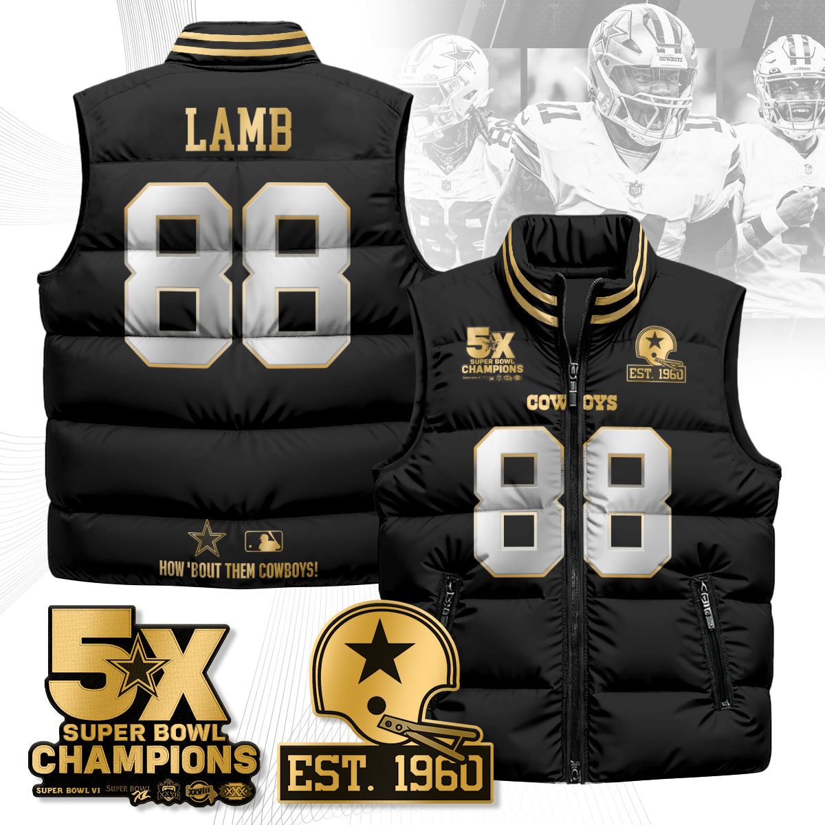 DAL 5-Time Champions Gold Unisex Puffer Vest-DTD