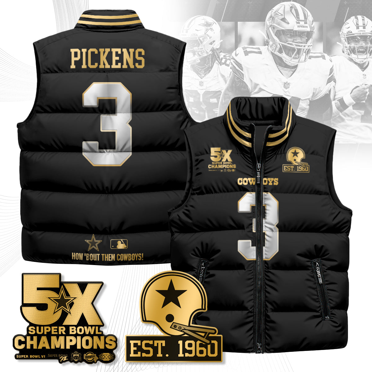 DAL 5-Time Champions Gold Unisex Puffer Vest-DTD