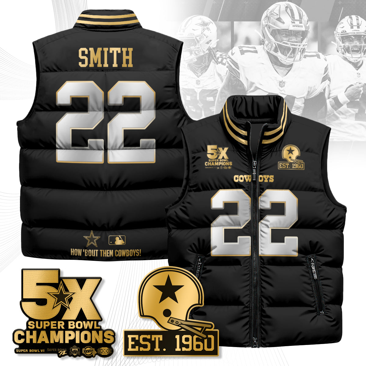 DAL 5-Time Champions Gold Unisex Puffer Vest-DTD