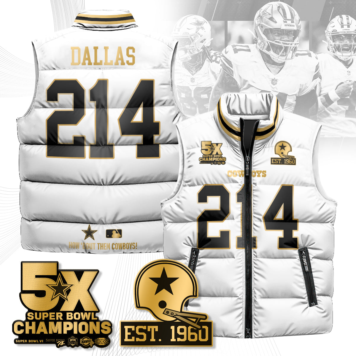 DAL 5-Time Champions Gold Unisex Puffer Vest-DTD