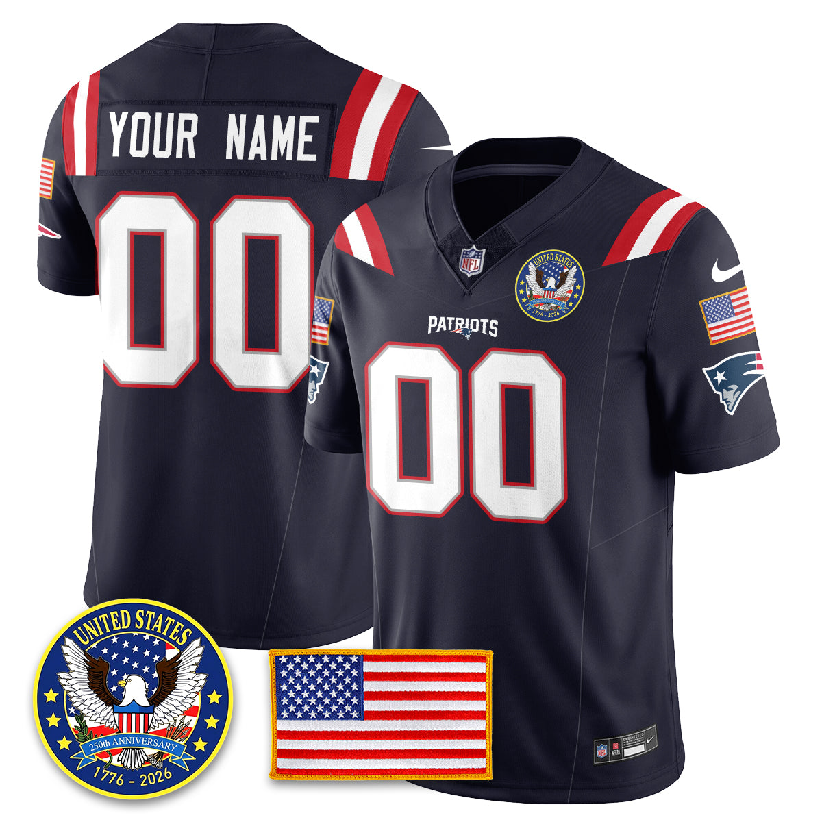Custom NE "United States 250th Anniversary Patch" Vapor Limited Jersey - All Stitched-DTD