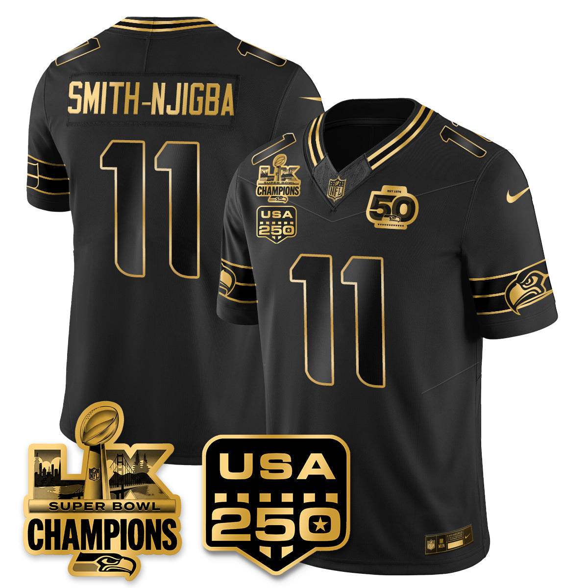 SEA Super Bowl LX - 50th Anniversary Patch Gold Vapor Limited Jersey N19 - All Stitched-DTD