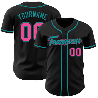 Custom Black Pink-Teal Authentic Baseball Jersey-DTD
