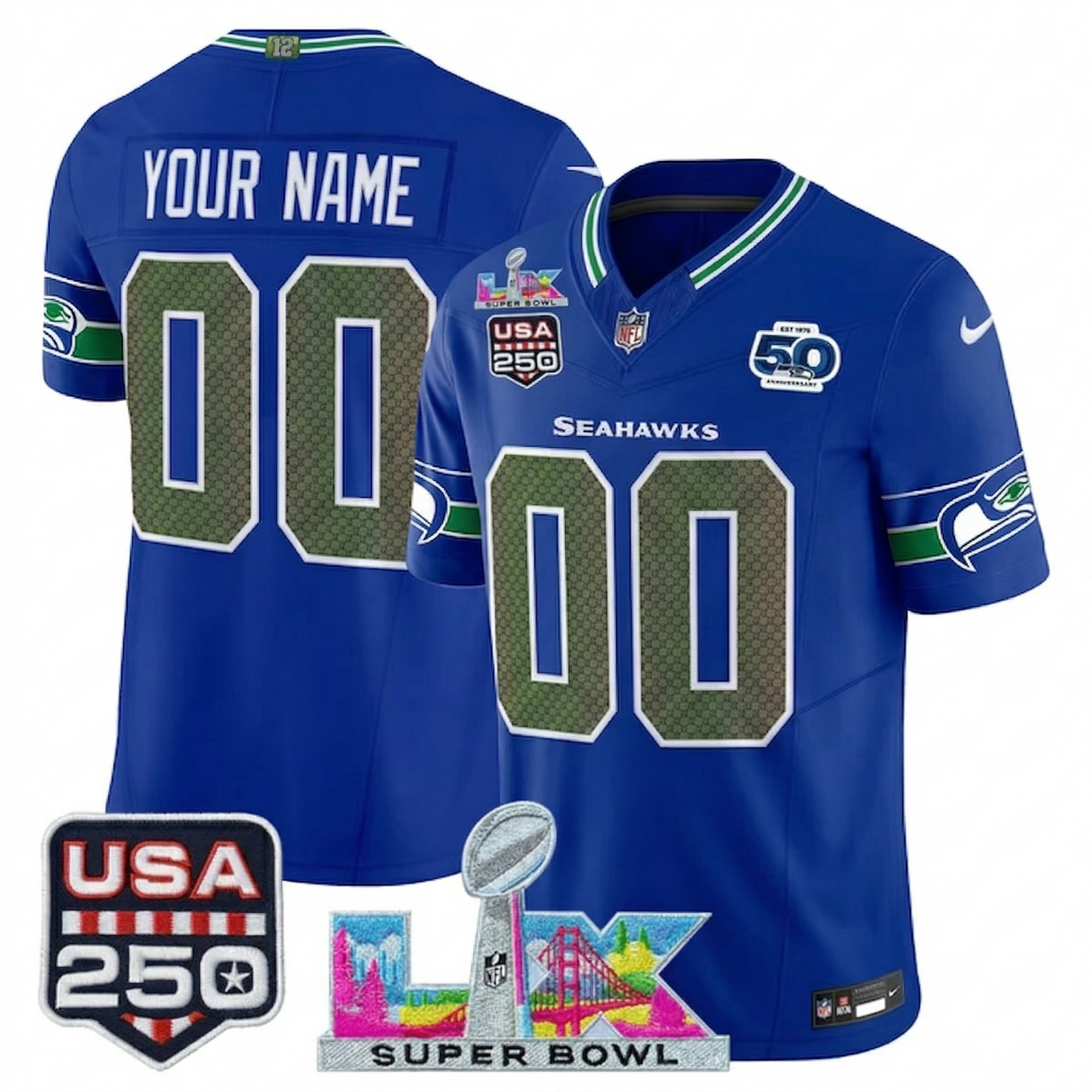 SEA "Super Bowl LX & United States 250th Anniversary Patch" Vapor Limited Custom Jersey - All Stitched-DTD