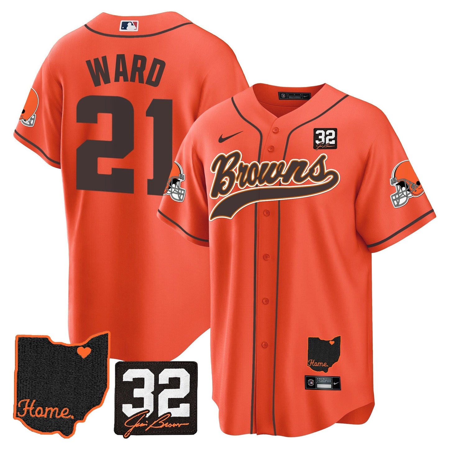 Men's Browns #32 Jim Brown Memorial & Home Patch Baseball Jersey V2 - All Stitched