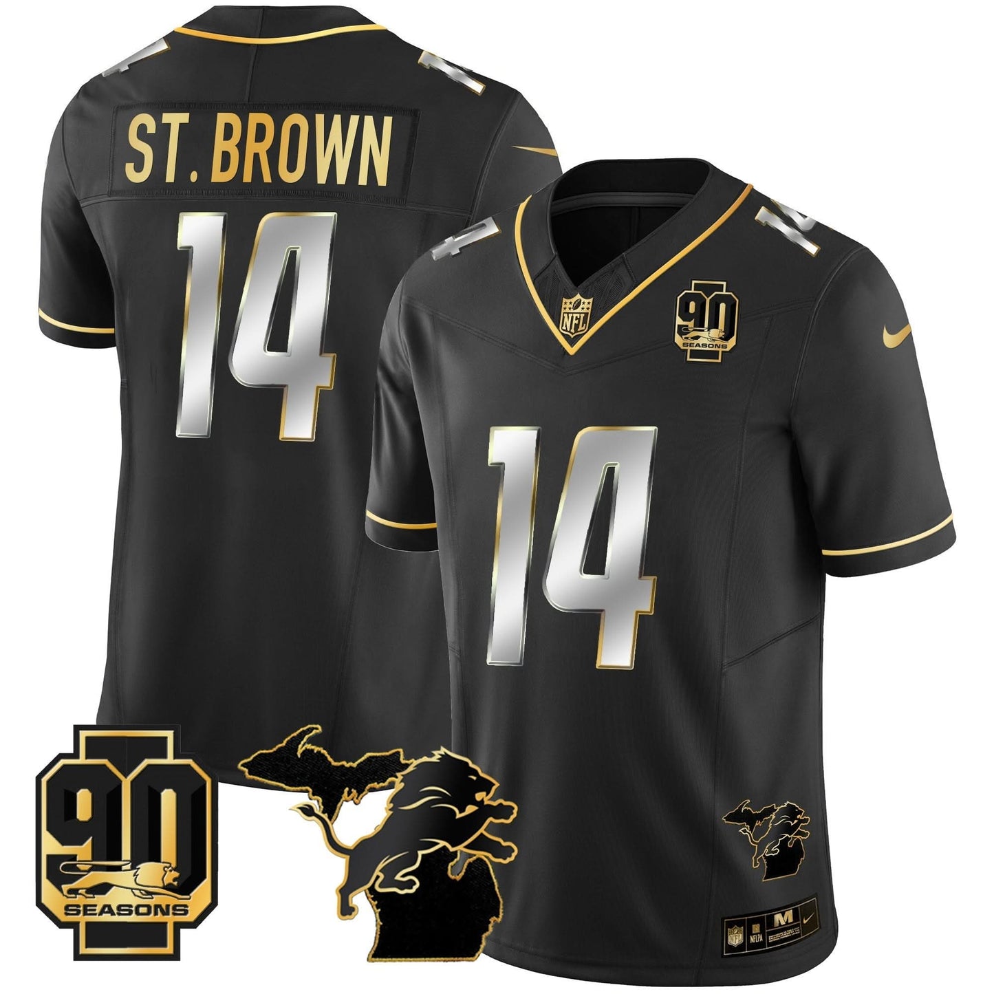 DET 90th Year & Michigan Patch Gold Vapor Jersey - All Stitched