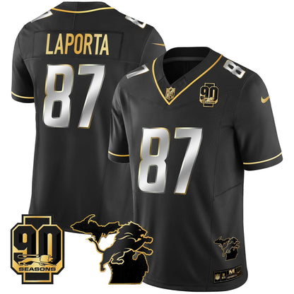 DET 90th Year & Michigan Patch Gold Vapor Jersey - All Stitched