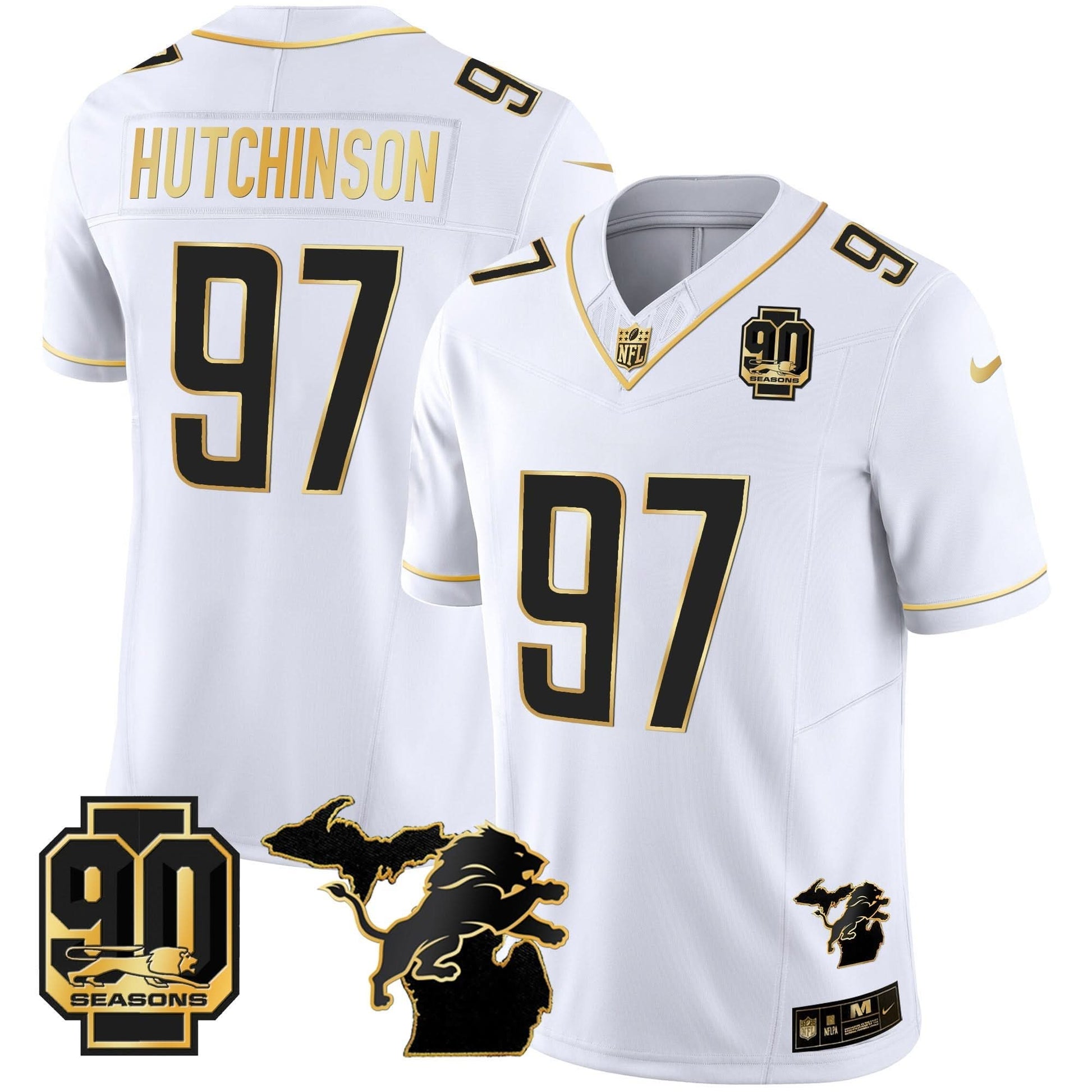 DET 90th Year & Michigan Patch Gold Vapor Jersey - All Stitched