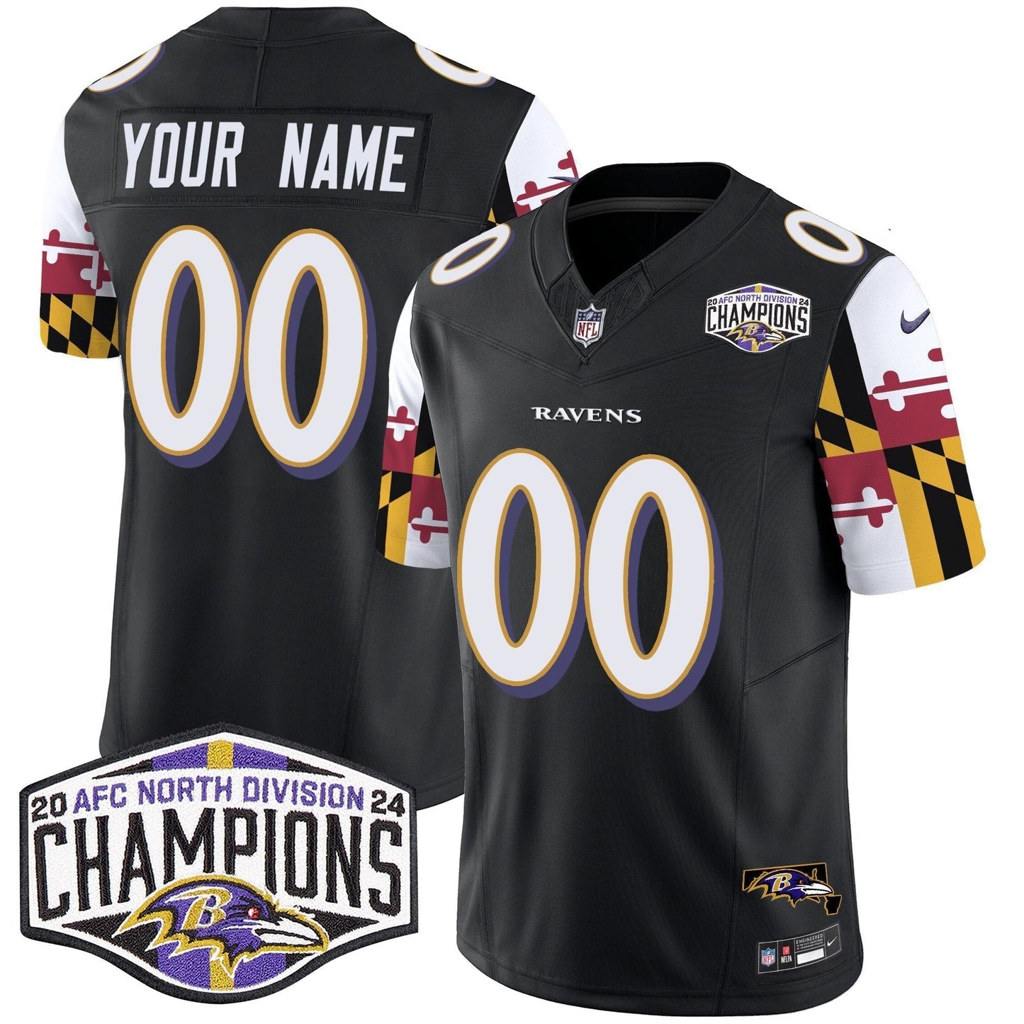 Ravens Maryland Flag 2024 AFC North Division Champions Patch Vapor Limited Custom Jersey - All Stitched-DTD