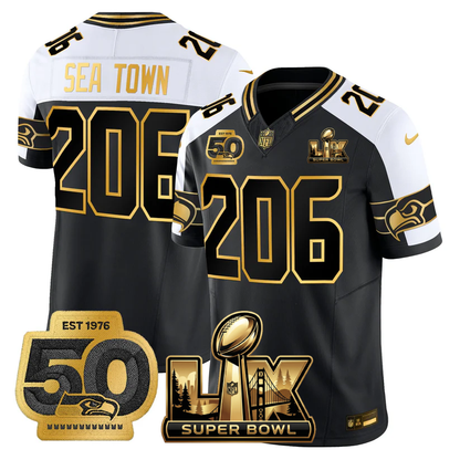 SEA Super Bowl LX - 50th Anniversary Patch Gold Vapor Limited Jersey - All Stitched-DTD