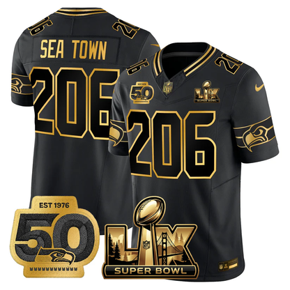 SEA Super Bowl LX - 50th Anniversary Patch Gold Vapor Limited Jersey - All Stitched-DTD