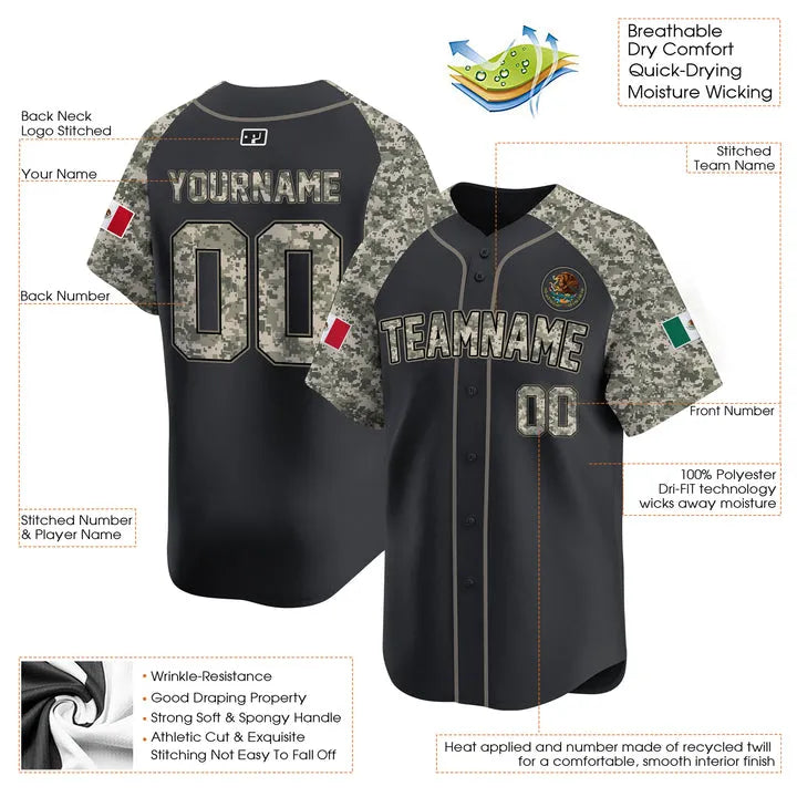 CUSTOM ALTERNATE BLACK CAMO - BLACK MEXICO BASEBALL JERSEY - EMBROIDERED-DTD