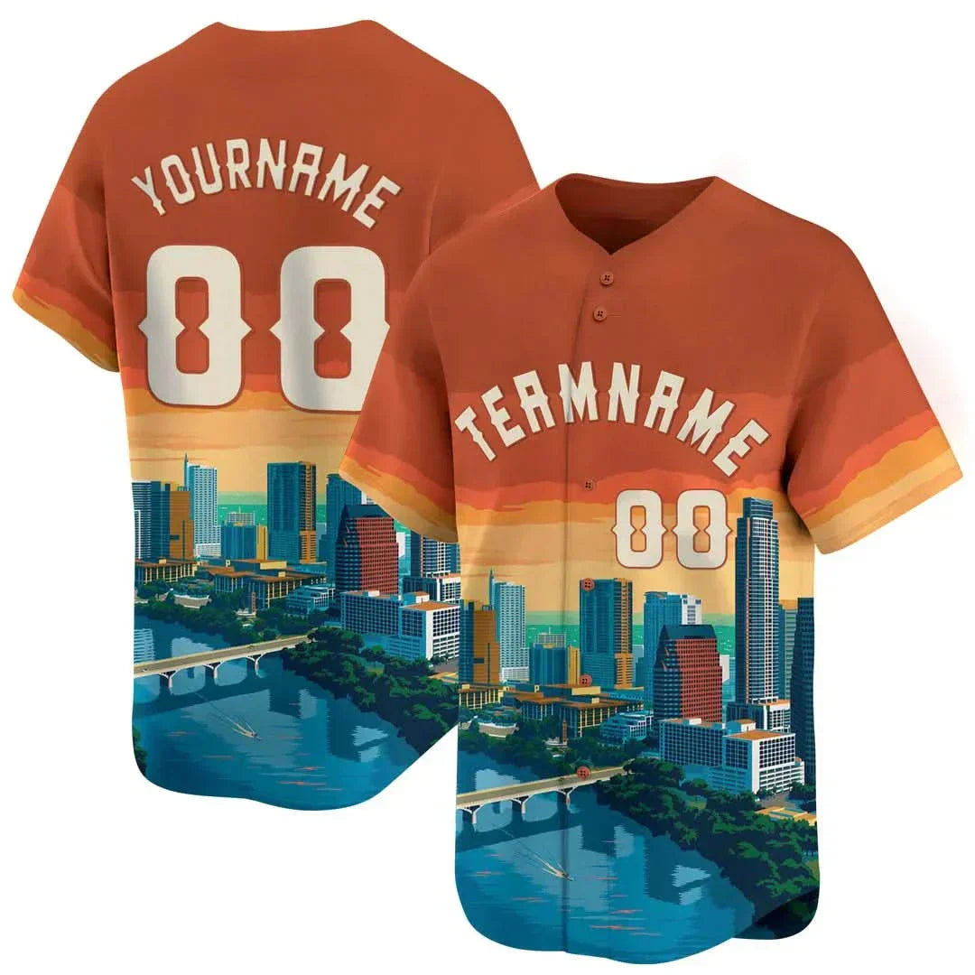 CUSTOM ORANGE 3D AUSTIN CITY TEXAS PATTERN BASEBALL JERSEY - PRINTED-DTD