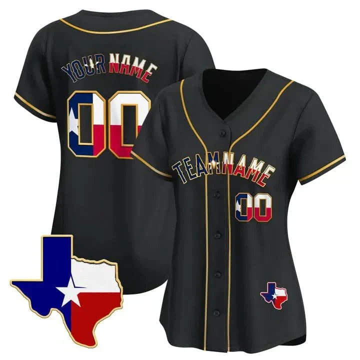 CUSTOM BLACK GOLD TEXAS FLAG BASEBALL JERSEY - EMBROIDERED-DTD